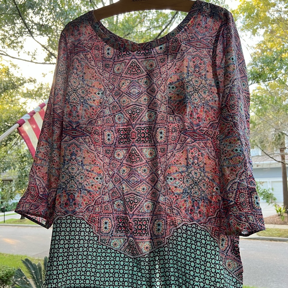 Beautiful silk blouse. Button on back, long sleeve.